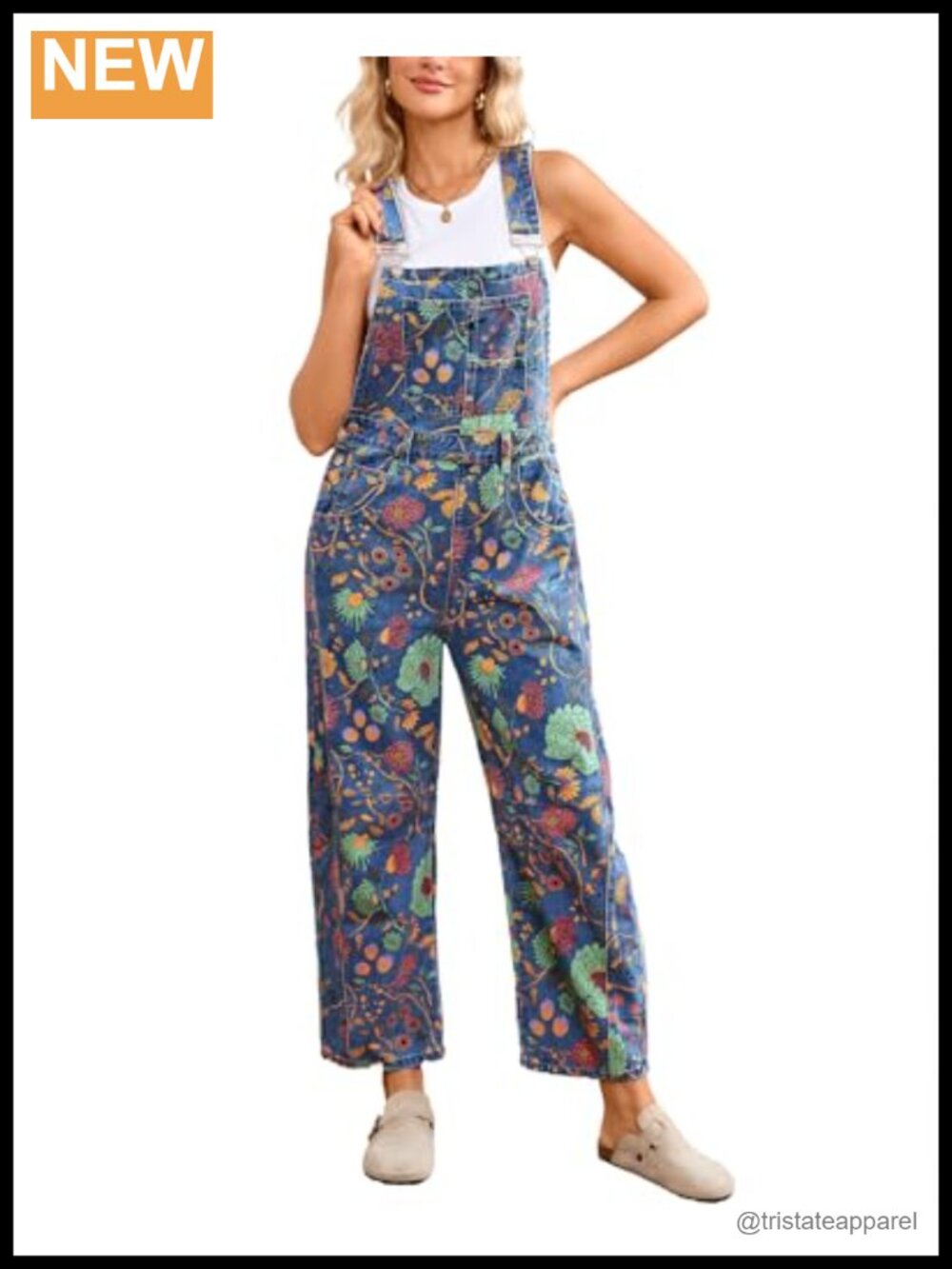 Women Floral Denim Overalls Barrel Leg Adjustable Strap Jean Jumpsuit